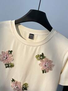 Camiseta de manga corta con cuello redondo, tallas grandes, con bordado, tachuelas y estampado floral - Albaricoque - Ver 3