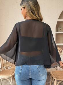 Plus Size Women's Casual Solid Color Bell Sleeve Thin Jacket Winter Fall Autumn - Black - View 2