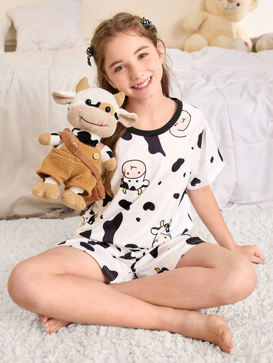 SHEIN 全身奶牛动物印花女童睡衣套装 - 白色 - 查看 1