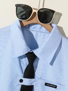 1pc Tween Boy Fashionable Blue & White Striped Casual Shirt, Gentleman Style, Suitable For Summer, Outings, School, Photography - Blue - View 6