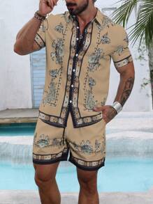 Manfinity RSRT Men's Summer Casual Vacation Printed Short Sleeve Shirt And Drawstring Waist Slant Pocket Shorts Set - Multicolor - View 1