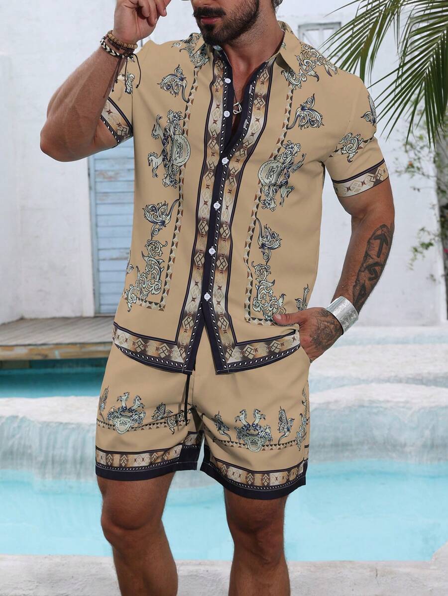 Manfinity RSRT Men's Summer Casual Vacation Printed Short Sleeve Shirt And Drawstring Waist Slant Pocket Shorts Set - Multicolor - View 1