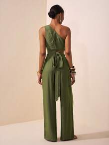Veslaya Autumn And Winter Elegant Vacation Daily Date Birthday Party Simple Commuter One Shoulder Waist Cross Strap Slim Fit Top + Wide Leg Ultra-Long Pants Woven Fabric Plus Size Women's Sets - Green - View 2