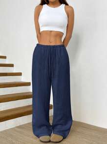 SHEIN EZwear 纯色系带前口袋简约休闲裤，日常休闲装 - 藏蓝色 - 查看 3