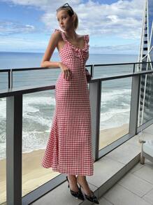 Strévra Rochie midi în carouri roșii pentru femei, cu bretele spaghete, model coadă de pește, ținute de plajă, haine pentru întoarcerea la școală