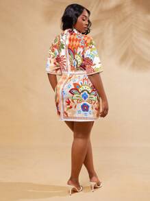 SHEIN SXY Plus Size Women's Spring&Summer Elegant Sexy Short Sleeve Retro Printed Shirt Dress, Suitable For Everyday Wear, Wedding, BOHO, Bohemian, Outing, Beach Vacation, Holiday, Seaside, Western Wear, Music Festival, Concert, Carnival Party, Richly Layered, Date Night, Ibiza, Nashville, Break, Modest, Chic, Club, Cute, Casual, Shopping, Streetwear, Going Out, Easy To Match&Looks Slim, Accent Your Body, Flatter The Figure, Patchwork Floral Print Colorful Dress