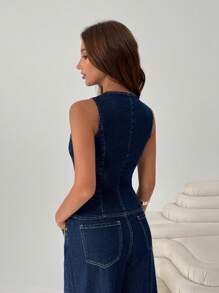 SHEIN EZwear 女式休闲星星贝壳纽扣前无袖牛仔衬衫 - 深色水洗藍 - 查看 2