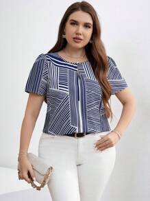 Chikora Plus Size Women Striped Woven Shirt For Summer,Business Casual Woman