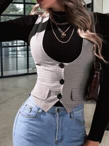 Lavishia 1 Peça Colete Blazer Feminino com Detalhe de Aba em Estampa Xadrez para Outono/Inverno