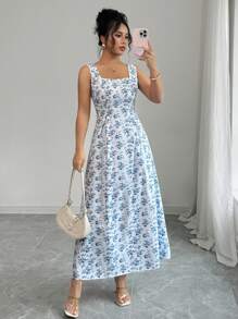 Rafferiza Square Neck Sleeveless Pastoral Style Long Women's Dress Female Beach Wear Women's Casual Dress