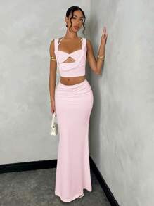 SHEIN BAE Women White Lace Bralette Crop Top + Low Waist Fishtail Elegant Skirt Set, Summer - Coral Pink - View 1