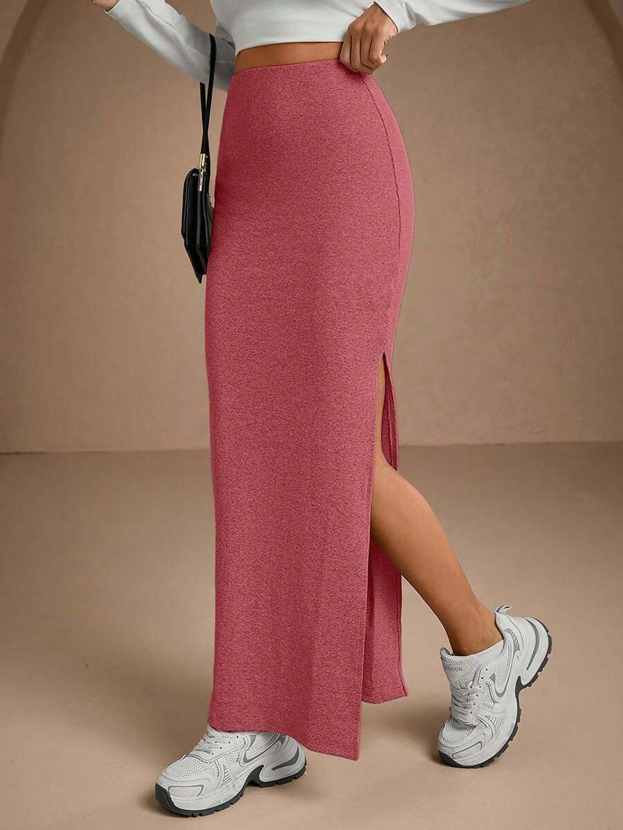 EURMUSE Women Solid Color Slit Detailed Tube Skirt - Dusty Pink - View 1