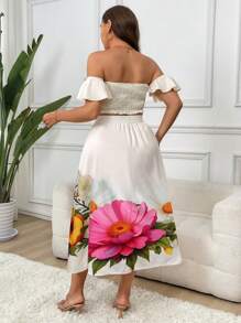 Flirla 2pcs Plus Size Vacation Floral Print Solid Color Tube Top And Skirt Set - Apricot - View 2