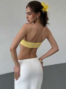 Aloruh 春夏季度假蓝色串珠黄色抹胸扭纹紧身性感女衬衫 - 黃色 - 查看 4