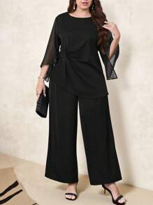 SHEIN Clasi Bộ đồ liền quần ống rộng màu trơn lưới xoắn cỡ lớn, thích hợp mặc hàng ngày, trang phục mùa hè cho phụ nữ, trang phục đi nghỉ cho phụ nữ, váy dự tiệc cưới cho phụ nữ, quần áo mùa hè, trang phục công sở cho phụ nữ, trang phục công sở cho phụ nữ, váy dự tiệc cưới, phong cách tiền bạc xa xỉ cho phụ nữ, trang phục đi chơi, mùa hè châu Âu, bộ 2 món cho phụ nữ, bộ cho phụ nữ, bộ đồ đôi cho phụ nữ, bộ mùa hè - màu đen - Xem 3