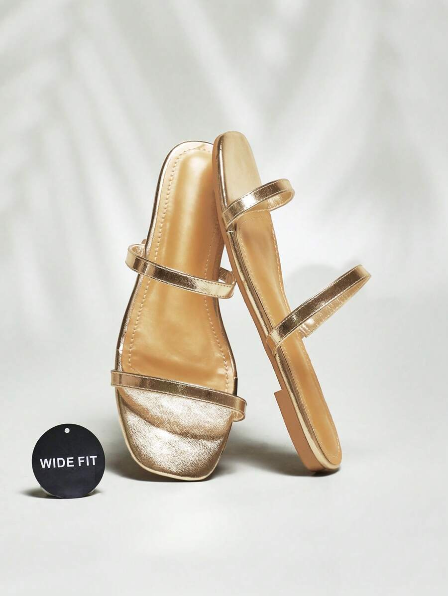 SHUZIA 宽版女式细带圆头平底凉鞋 - 金色 - 查看 1