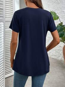 Flexra Women's Casual Solid V-Neck Loose Short Sleeve T-Shirt - Navy Blue - View 2