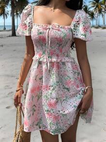 SHEIN EZwear Tea Party Dress Pink Short Romantic Embroidered Summer Dress Island Vacation Beach Dress - White - View 8