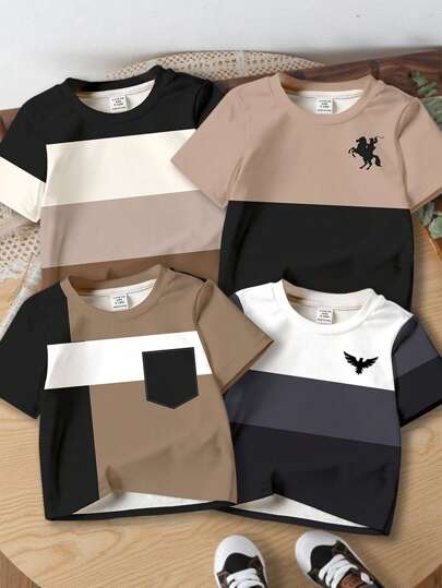 SHEIN 4 件装年轻男童休闲时尚拼色短袖 T 恤，舒适，适合春夏季
