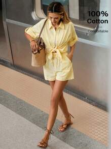 Siren Gaze 女士奶油黄短裤套装 - 2025 夏季棉质休闲两件套：卷边短袖衬衫和短裤，海滩度假必备品，透气机场装，商务休闲办公装女士夏装套装夏季短裤套装 2 件短套装女士亚麻短裤套装 Co Ord 套装夏季 - 黃色 - 查看 4