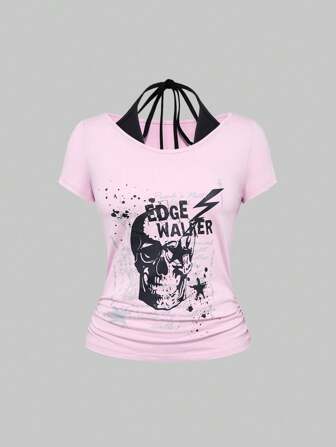 Grunge Punk Vintage Y2K Stil Frauen Kurzarm eng anliegendes 2-in-1 T-Shirt mit Totenkopf- und Pentagramm-Muster, Pink