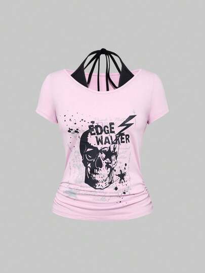 Grunge Punk Vintage Y2K Stil Frauen Kurzarm eng anliegendes 2-in-1 T-Shirt mit Totenkopf- und Pentagramm-Muster, Pink