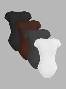 SHEIN EZwear 4 件套圆领短袖休闲紧身衣，修身款，适合夏季，女士 - 彩色 - 查看 2