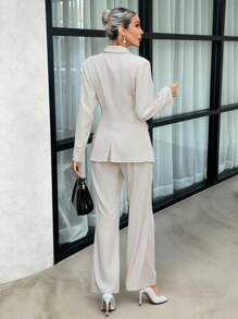 SHEIN Clasi Lapel Neck Asymmetrical Hem Blazer & Pants - Apricot - View 8