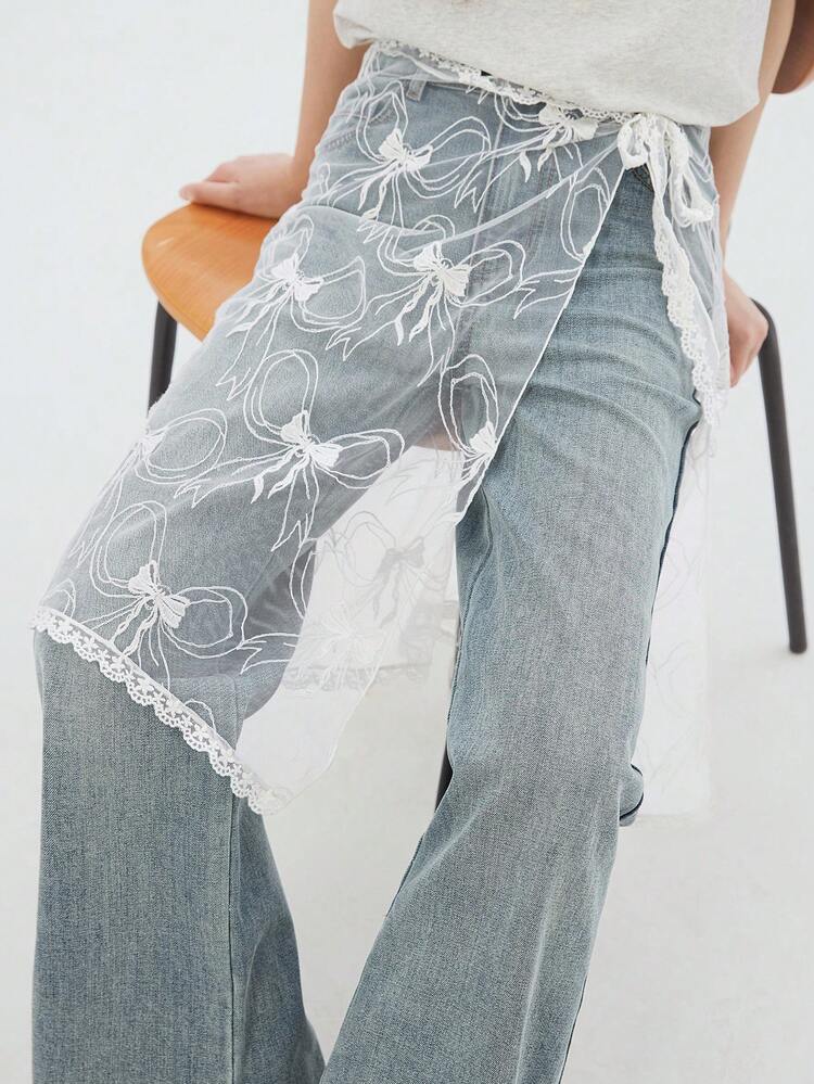 Women's Lace Patchwork Wrap-Style Maxi Skirt, Relaxed-Fit 2 In 1 Denim Pants