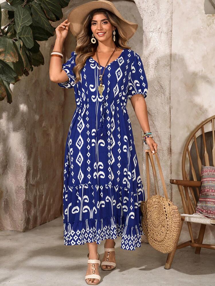 Plus Size Women's Summer Vacation Vintage  V-Neck Short Sleeve Floral Print Blue Long Dress With Waist Strap,Summer Holiday,Vacation Outfits Women,Simple And Fashionable For Everyday Wear,Vacay Vibes,Springbreak,Casual Wear SS,Bohemia,Summer Dresses For Women,Dresses Casual,Flowy Dress
