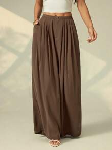 SHEIN PETITE Women's Casual Loose Solid Color Wide Leg Pleated Pocket Pants
