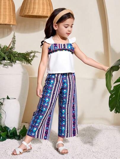 2 Pieces Set For 4-7 Years Old Girls, Summer 2025 New Ditsy Floral Short Sleeve Blouse And Ruffle Hem Pants, Outdoor Casual Suit