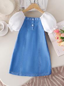 SHEIN Young Girl Elegant & Graceful Bowknot Decor White & Blue Mini Dress, Casual Vacation Dress For Outdoor & Beach Summer Holiday