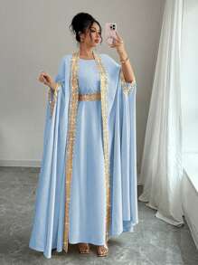 Rafferiza Women's Elegant 2 Pieces Set: Caped Batwing Sleeve Robe And Dress - Blue - View 5