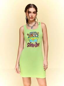 SCOOBY-DOO X SHEIN Women Cartoon & Letter Graphic Summer Sleeveless Short Dress - Army Green - View 3