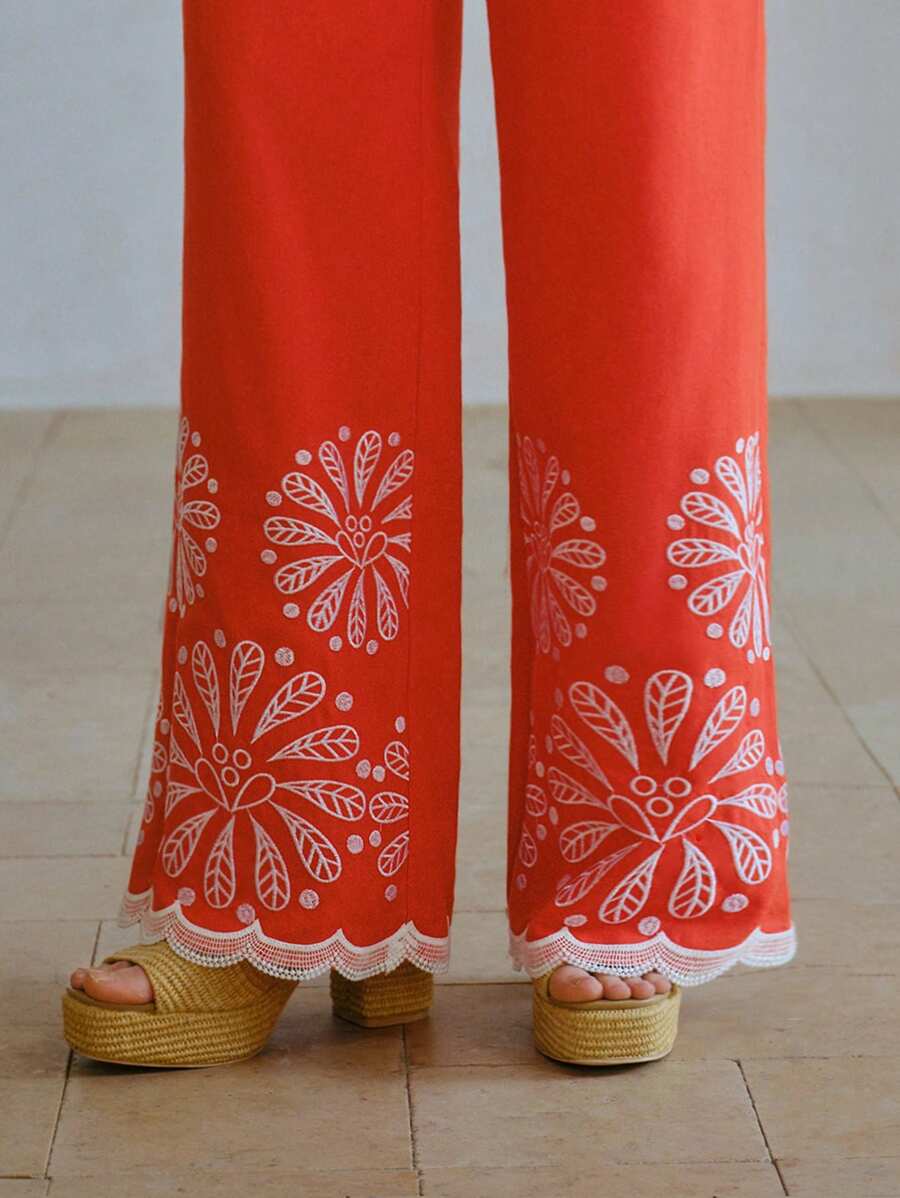 MOTF STUDIO EMBROIDERY DETAIL SLANT POCKET WIDE LEG SUIT PANTS - Orange - View 2