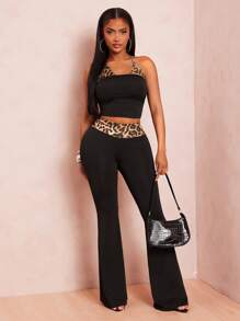 Radiana 2pcs/Set Women Y2K Casual Street Style Black Patchwork Leopard Print Camisole Top And Super Low Waist Long Pants, Spring/Summer - Black - View 3