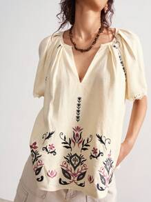 Bohemela Blusa informal de manga corta, holgada, de tejido liso con bordado para mujeres - Albaricoque - Ver 6