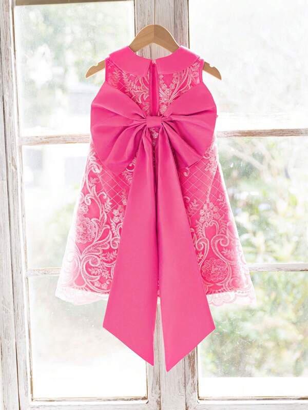 SHEIN Young Girl Pink Summer Traditional Wedding Lace Dress,Elegant Peter Pan Collar Back Big Bowknot Sleeveless A-Line Princess Formal Party Wear Outfit