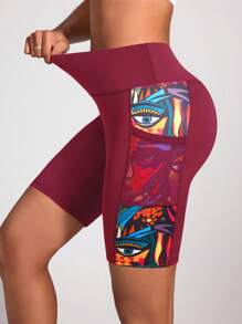 Easithlete Digital Printing Yoga Sports Leggings With Pocket Workout Short - Burgundy - View 3