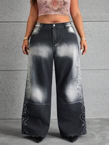 SHEIN ICON Plus Size Women's Fashionable Acid Wash Print Wide-Leg Jeans - Black - View 4