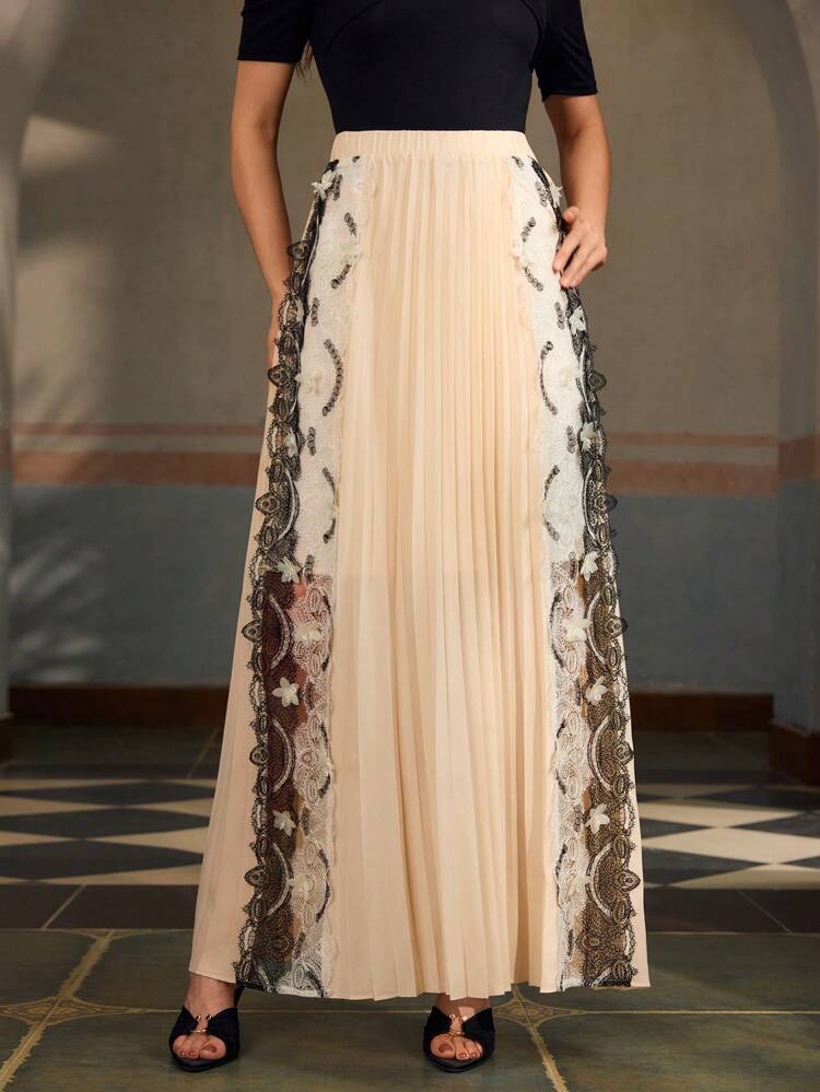 ZEYLAH Solid Color Midi Lace Panel Pleated Long Skirt