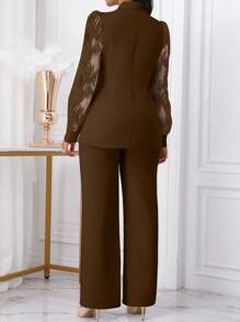 2pcs Women's Business Office Wear Embroidered Details Double-Breasted Fitted Blazer & Pants Set Fall Cloth For Women - Mocha Brown - View 2