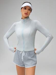 SHEIN Tall 女款淺藍色拉鍊連帽外套，秋季運動健身長袖輕量基本款，休閒時尚，彈性透氣戶外穿著，適合高個女性 - 淺灰色 - 查看 6