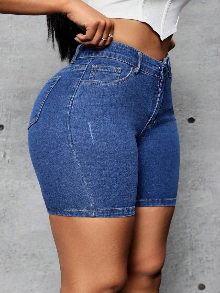 SHEIN SXY Quần short jean lưng thun cho nữ cỡ lớn, dáng thường ngày, Xuân/Hè - Rửa trung bình - Xem 1