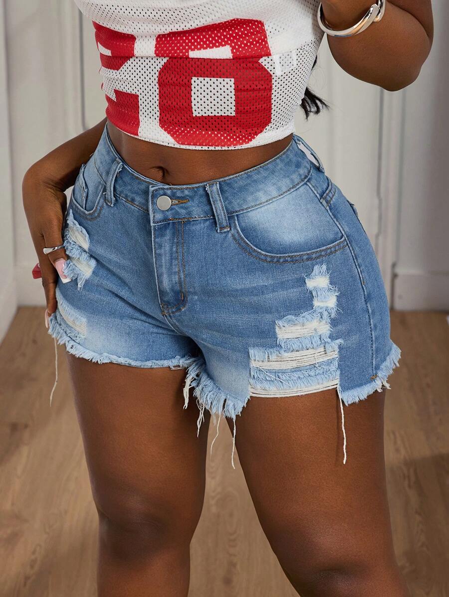 Slaydiva 女式蓝色破洞毛边休闲牛仔短裤，夏季款式 - 藍色 - 查看 1