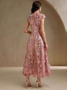 Anewsta Váy ngắn tay sequin lưới hoa thanh lịch màu sâm panh dành cho nữ, trang phục dự tiệc tinh tế, trang phục nghỉ dưỡng, trang phục xuân/hè - Màu tím hoa cà - Xem 2