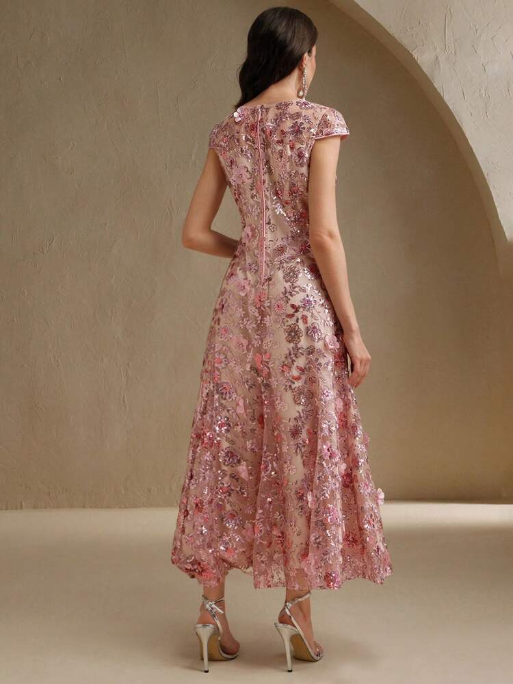 Champagne Color Elegant Floral Mesh Sequin Short Sleeve Dress For Women, Sophisticated Festival, Resort Wear, Spring/ Summer Outfit