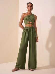 Veslaya Autumn And Winter Elegant Vacation Daily Date Birthday Party Simple Commuter One Shoulder Waist Cross Strap Slim Fit Top + Wide Leg Ultra-Long Pants Woven Fabric Plus Size Women's Sets - Green - View 6