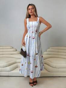 Roylia 女士春夏度假风海洋图案条纹印花方领细肩带高腰褶饰 A 字长裙 - 彩色 - 查看 1